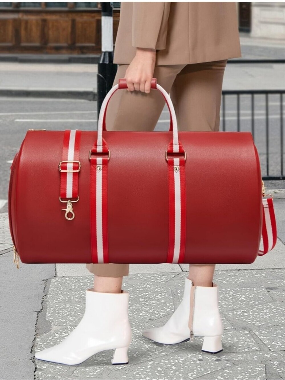 Red Leather Travel Duffel Bag with White Stripe